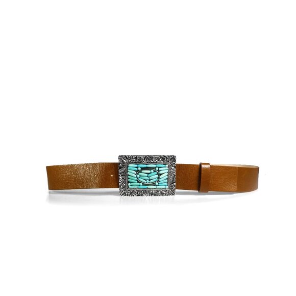 New STREETS AHEAD Belt Turquoise Beaded Brown Leather Belt  SZ Large USA